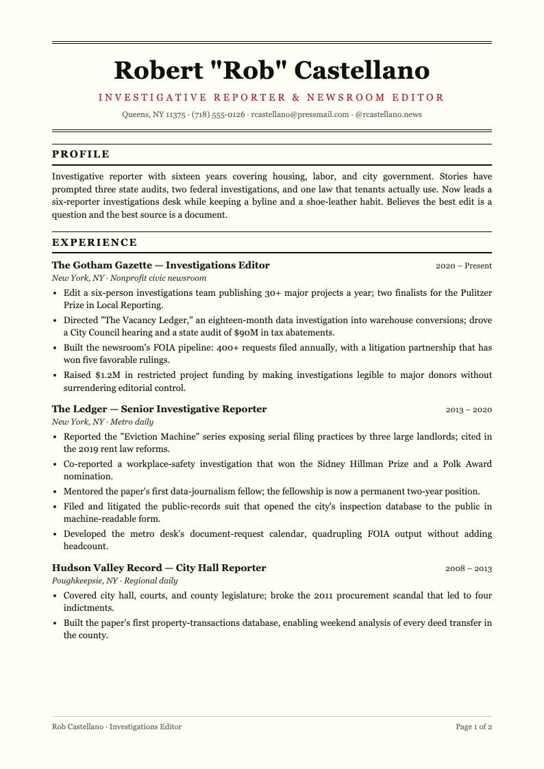New York editorial resume - A newspaper-style Resume template with double rules, justified columns, and dense Georgia type - for journalists and newsroom editors with scoops to show.